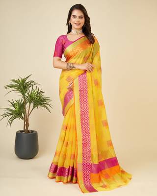 Yellow Woven Kota Doria Cotton Silk saree With Blouse Piece 1