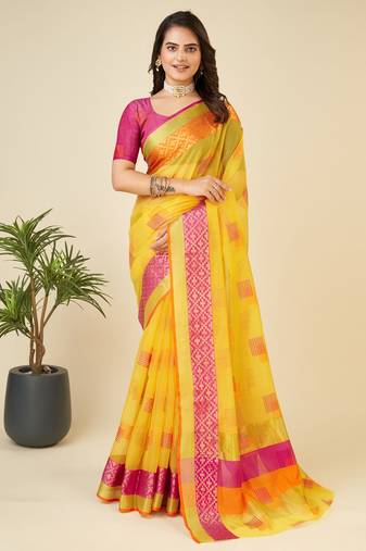 Yellow Woven Kota Doria Cotton Silk saree With Blouse Piece