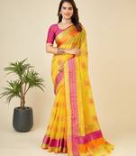 Yellow Woven Kota Doria Cotton Silk saree With Blouse Piece