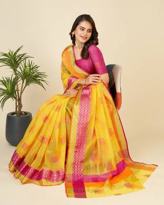 Yellow Woven Kota Doria Cotton Silk saree With Blouse Piece 2
