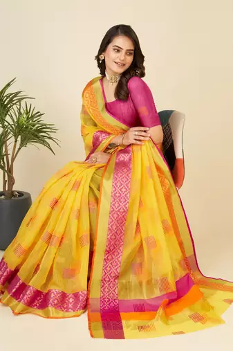 Yellow Woven Kota Doria Cotton Silk saree With Blouse Piece