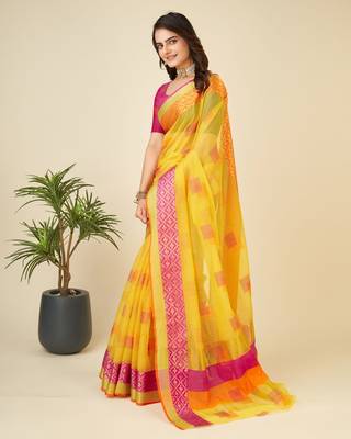 Yellow Woven Kota Doria Cotton Silk saree With Blouse Piece 3