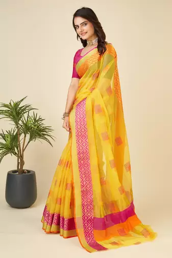 Yellow Woven Kota Doria Cotton Silk saree With Blouse Piece
