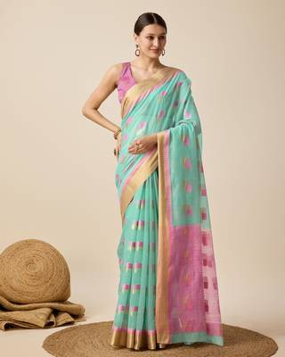 Aqua Blue Woven Kota Doria Cotton Silk saree With Blouse Piece 1