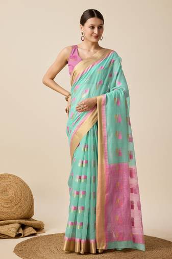 Aqua Blue Woven Kota Doria Cotton Silk saree With Blouse Piece