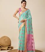 Aqua Blue Woven Kota Doria Cotton Silk saree With Blouse Piece