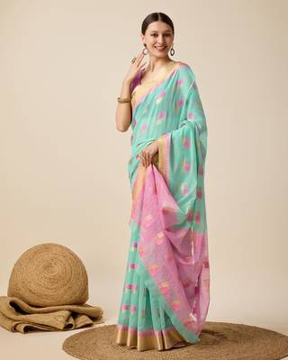 Aqua Blue Woven Kota Doria Cotton Silk saree With Blouse Piece 2
