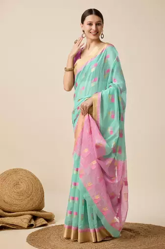 Aqua Blue Woven Kota Doria Cotton Silk saree With Blouse Piece