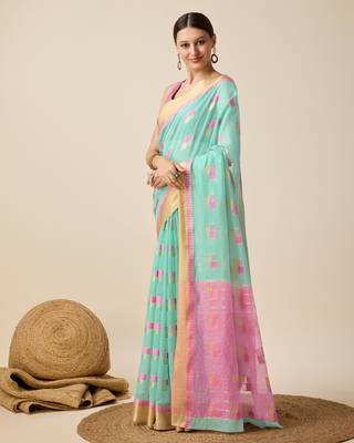 Aqua Blue Woven Kota Doria Cotton Silk saree With Blouse Piece 3