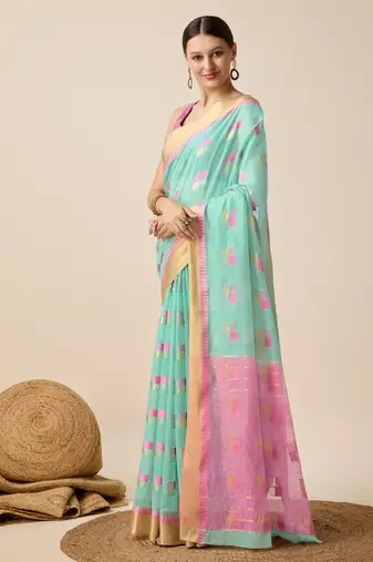 Aqua Blue Woven Kota Doria Cotton Silk saree With Blouse Piece