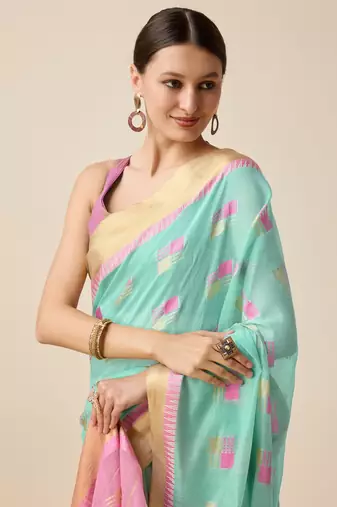 Aqua Blue Woven Kota Doria Cotton Silk saree With Blouse Piece