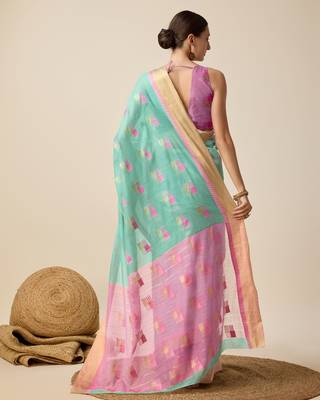 Aqua Blue Woven Kota Doria Cotton Silk saree With Blouse Piece 5