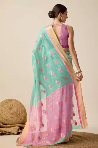 Aqua Blue Woven Kota Doria Cotton Silk saree With Blouse Piece