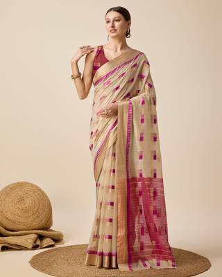 Beige Woven Kota Doria Cotton Silk saree With Blouse Piece 1