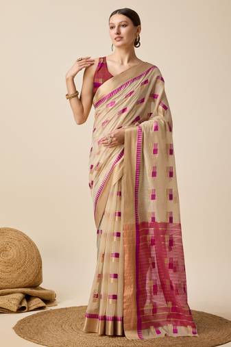 Beige Woven Kota Doria Cotton Silk saree With Blouse Piece