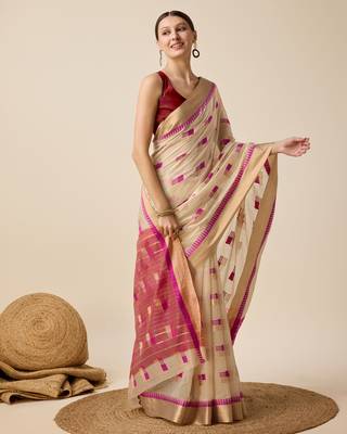 Beige Woven Kota Doria Cotton Silk saree With Blouse Piece 2