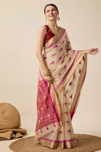 Beige Woven Kota Doria Cotton Silk saree With Blouse Piece