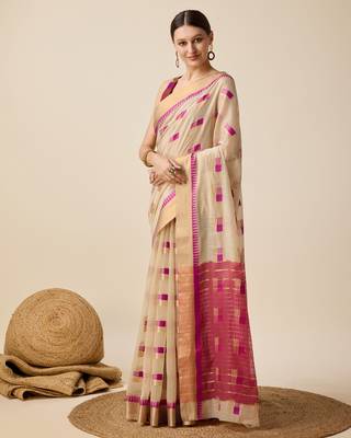 Beige Woven Kota Doria Cotton Silk saree With Blouse Piece 3