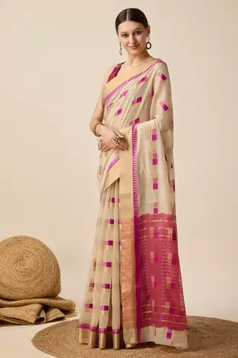 Beige Woven Kota Doria Cotton Silk saree With Blouse Piece