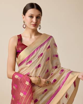 Beige Woven Kota Doria Cotton Silk saree With Blouse Piece 4