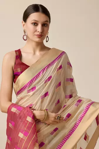 Beige Woven Kota Doria Cotton Silk saree With Blouse Piece