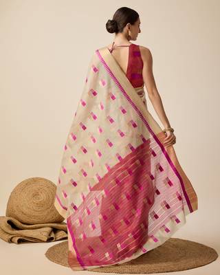 Beige Woven Kota Doria Cotton Silk saree With Blouse Piece 5