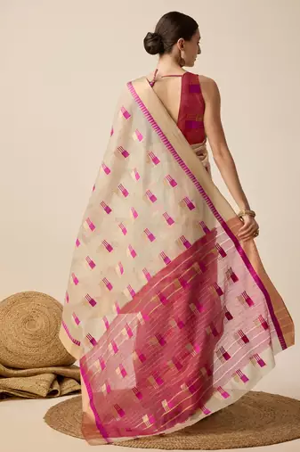 Beige Woven Kota Doria Cotton Silk saree With Blouse Piece