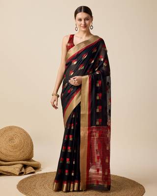 Black Woven Kota Doria Cotton Silk saree With Blouse Piece 1