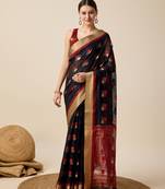 Black Woven Kota Doria Cotton Silk saree With Blouse Piece