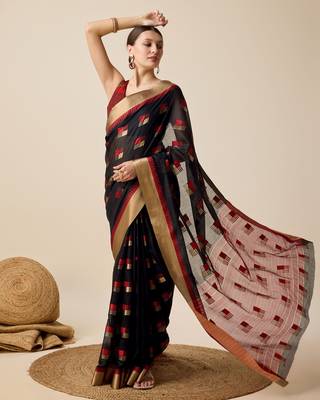 Black Woven Kota Doria Cotton Silk saree With Blouse Piece 2