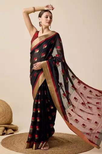 Black Woven Kota Doria Cotton Silk saree With Blouse Piece