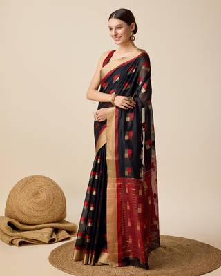 Black Woven Kota Doria Cotton Silk saree With Blouse Piece 3