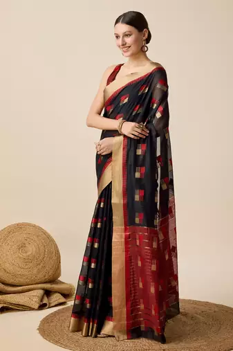 Black Woven Kota Doria Cotton Silk saree With Blouse Piece