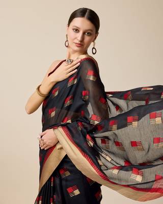 Black Woven Kota Doria Cotton Silk saree With Blouse Piece 4