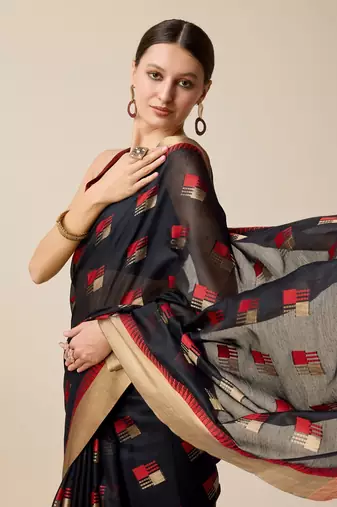 Black Woven Kota Doria Cotton Silk saree With Blouse Piece