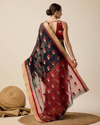 Black Woven Kota Doria Cotton Silk saree With Blouse Piece 5