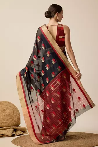 Black Woven Kota Doria Cotton Silk saree With Blouse Piece