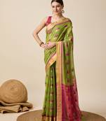 Mehendi Woven Kota Doria Cotton Silk saree With Blouse Piece