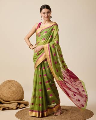 Mehendi Woven Kota Doria Cotton Silk saree With Blouse Piece 2