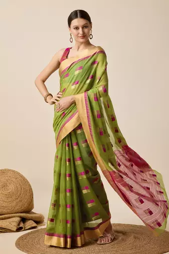 Mehendi Woven Kota Doria Cotton Silk saree With Blouse Piece