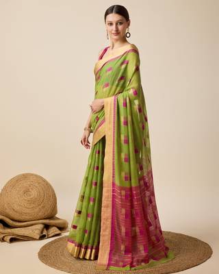 Mehendi Woven Kota Doria Cotton Silk saree With Blouse Piece 3