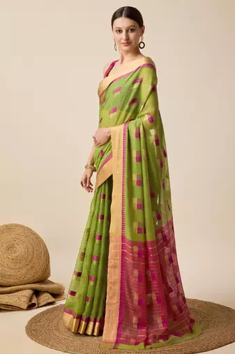 Mehendi Woven Kota Doria Cotton Silk saree With Blouse Piece
