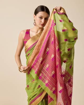Mehendi Woven Kota Doria Cotton Silk saree With Blouse Piece 4