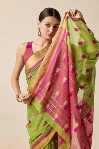 Mehendi Woven Kota Doria Cotton Silk saree With Blouse Piece