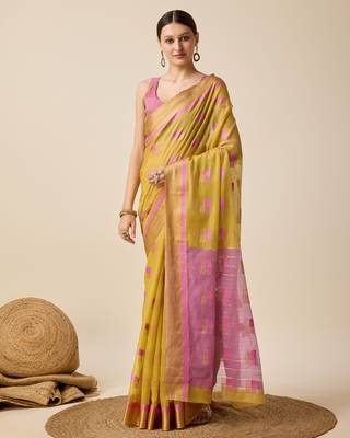 Mustard Woven Kota Doria Cotton Silk saree With Blouse Piece 1