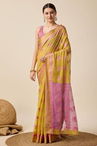 Mustard Woven Kota Doria Cotton Silk saree With Blouse Piece