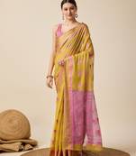 Mustard Woven Kota Doria Cotton Silk saree With Blouse Piece