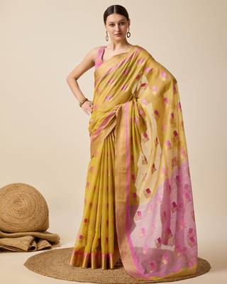 Mustard Woven Kota Doria Cotton Silk saree With Blouse Piece 2