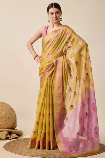 Mustard Woven Kota Doria Cotton Silk saree With Blouse Piece