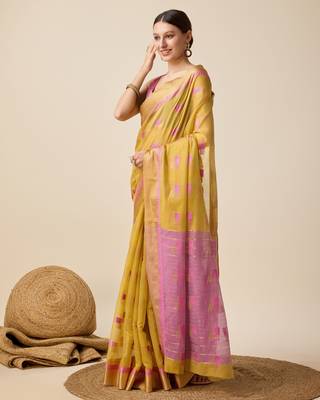 Mustard Woven Kota Doria Cotton Silk saree With Blouse Piece 3